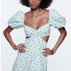 Zara Light Blue Floral Puff Sleeve Dress 👗